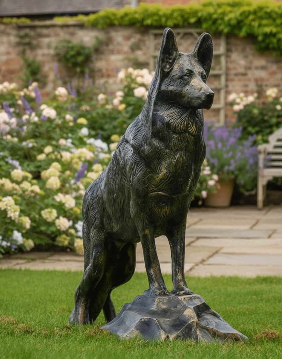 Digital Illustration of Belgian Shepherd Dog Garden Sculpture on a Garden Lawn with Walled Garden Behind