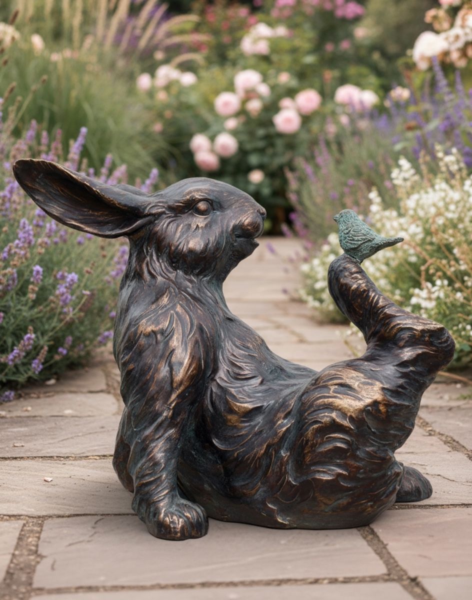 Digital Illustration of Bird Sitting on Rabbit Garden Sculpture on a Garden Path