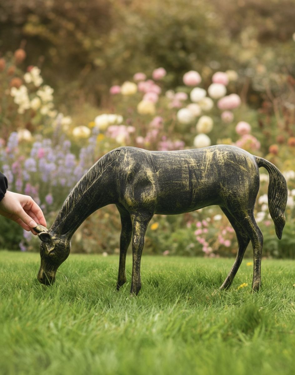 Digital illustration of Black and Gold Grazing Foal Garden Sculpture with hand in shot for scale