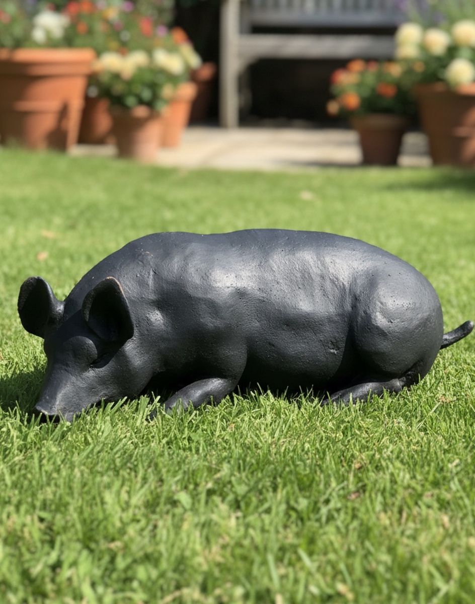 Digital illustration of a Black Cast Iron Laying Pig on a sunny garden lawn in front of plant pots