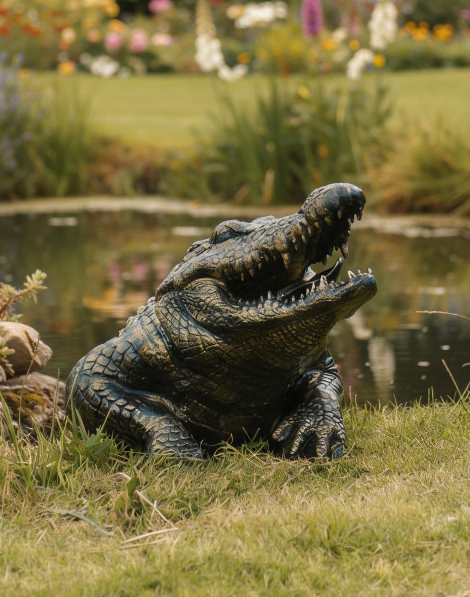 Digital Illustration of Black & Gold Crocodile Sculpture Crawling Out of a Pond onto Grass Lawn
