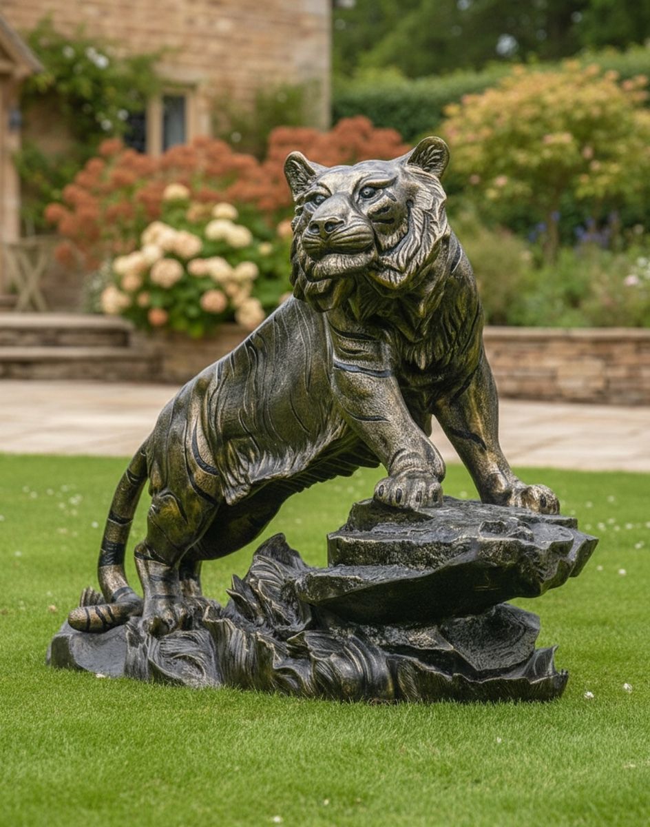 Digital Illustration of Black & Gold Tiger Sculpture in Front of a Tiered Garden