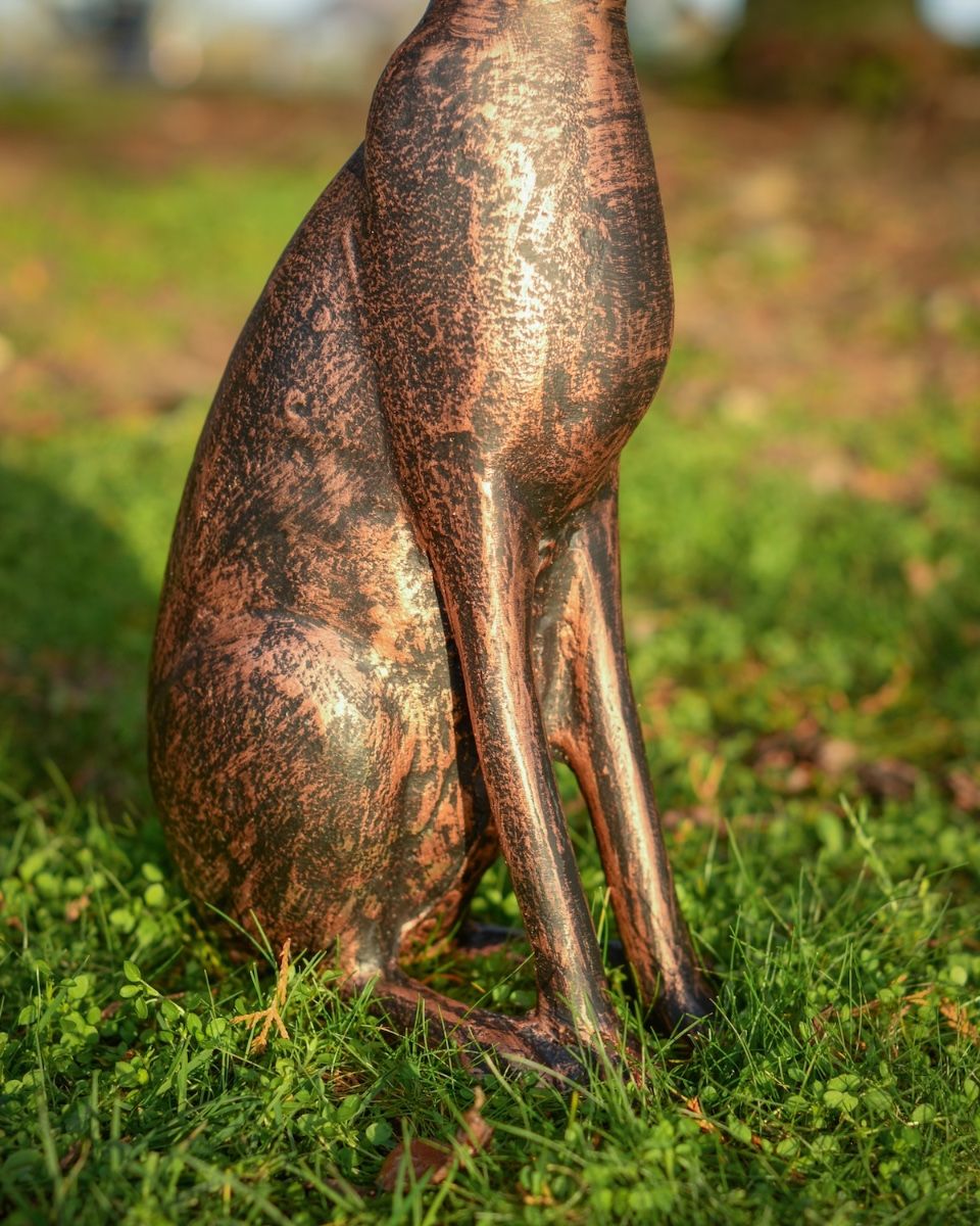 Digital illustration of a Copper ‘Blossom’ the Cast Aluminium Rabbit Garden Sculpture with a close up of the body