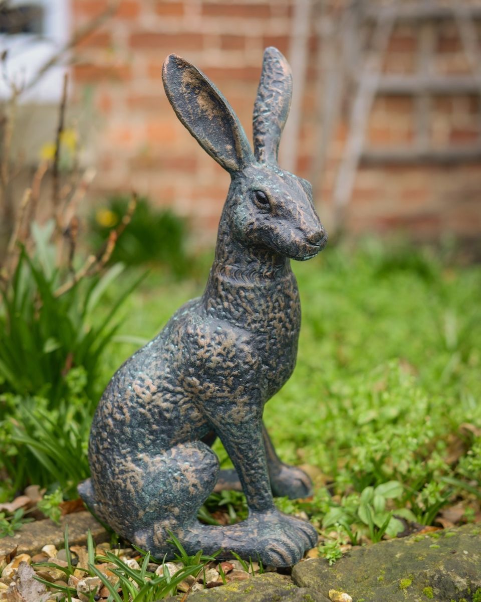 Digital illustration ofa Verdigris "Briar" the Hare Cast Aluminium Garden Sculpture Positioned on Lawn Edge