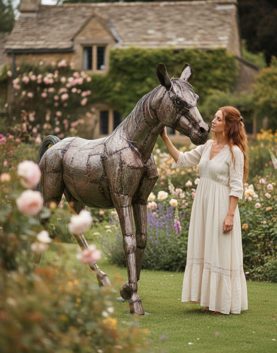 Digital illustration ofthe handmade “Brigadier Gerard” Horse sculpture in fabricated steel with lady in shot for scale