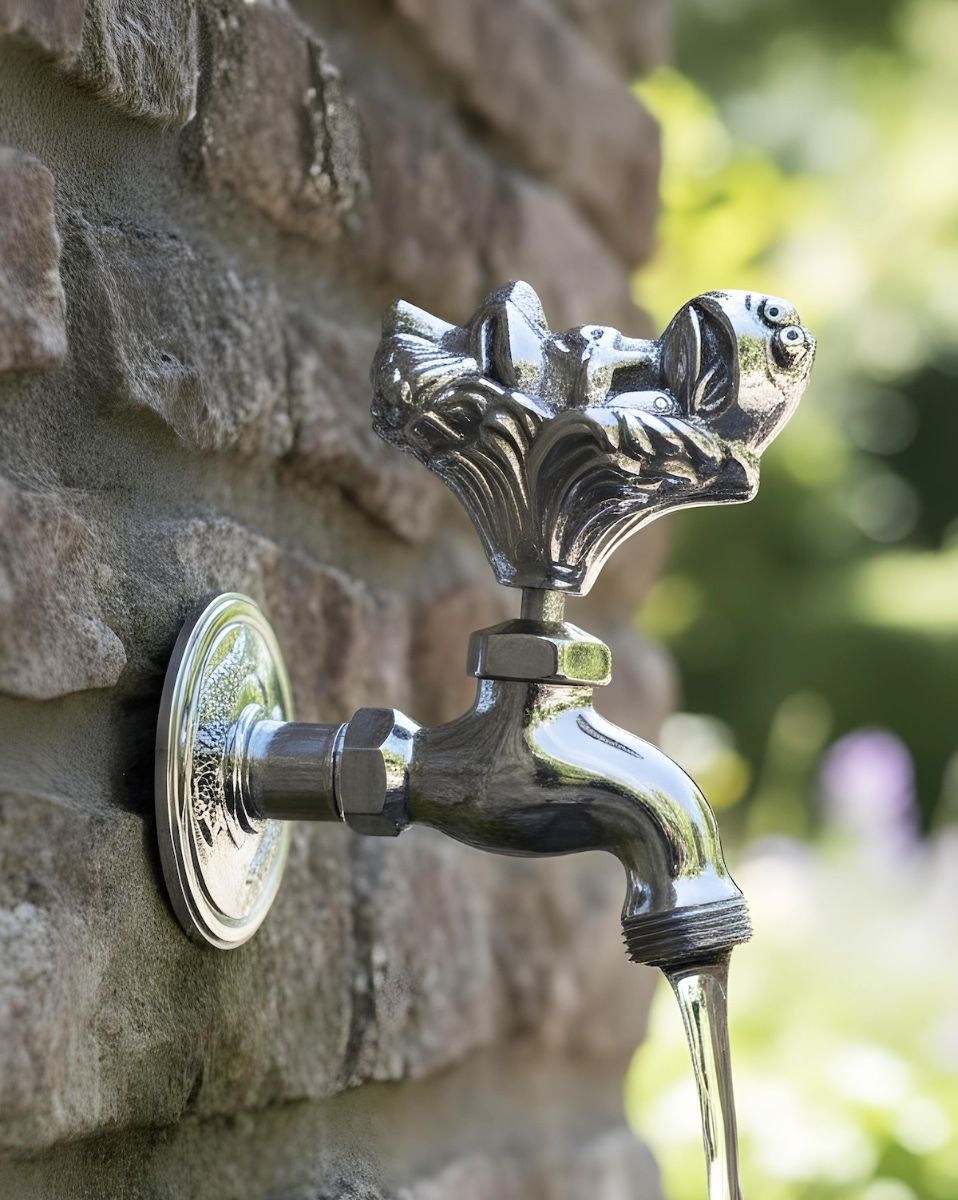 Digital illustration of Bright Chrome Toad In The Hole Garden Tap mounted on a stone wall with water flowing out of tap