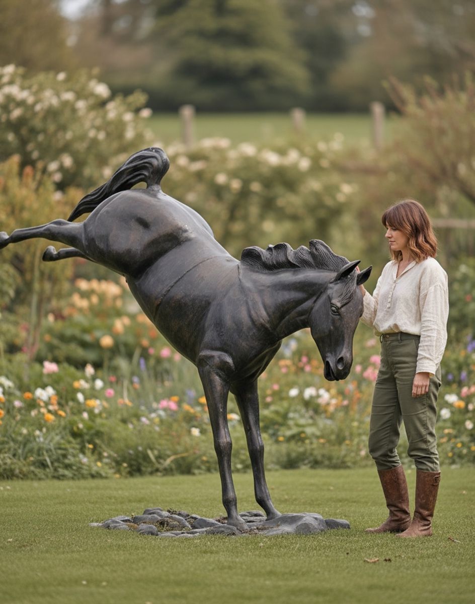 Digital illustration of Bronze Cast Aluminium Bucking Horse Garden Sculpture with lady in shot for scale