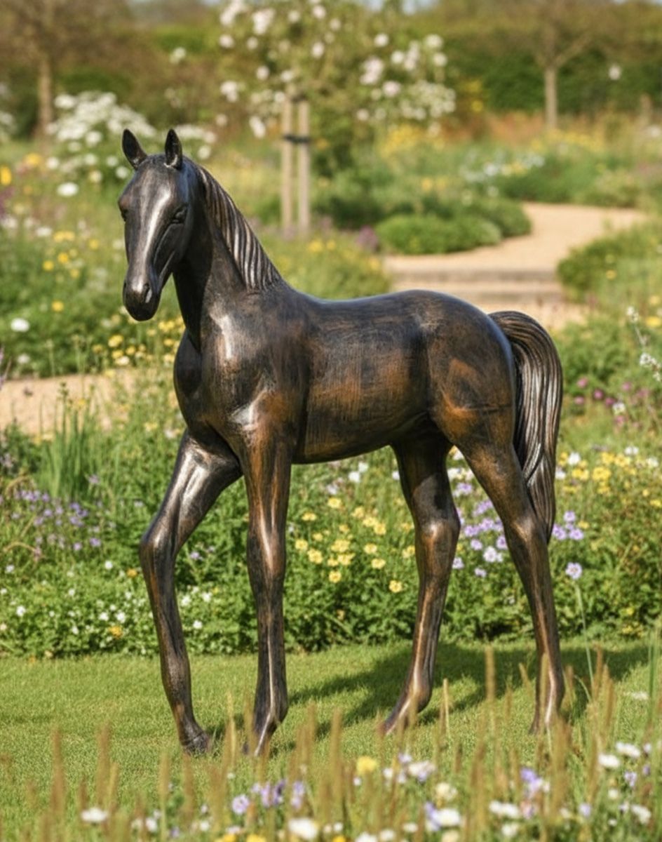 Digital illustration of Bronze Standing Foal Garden Sculpture in a garden