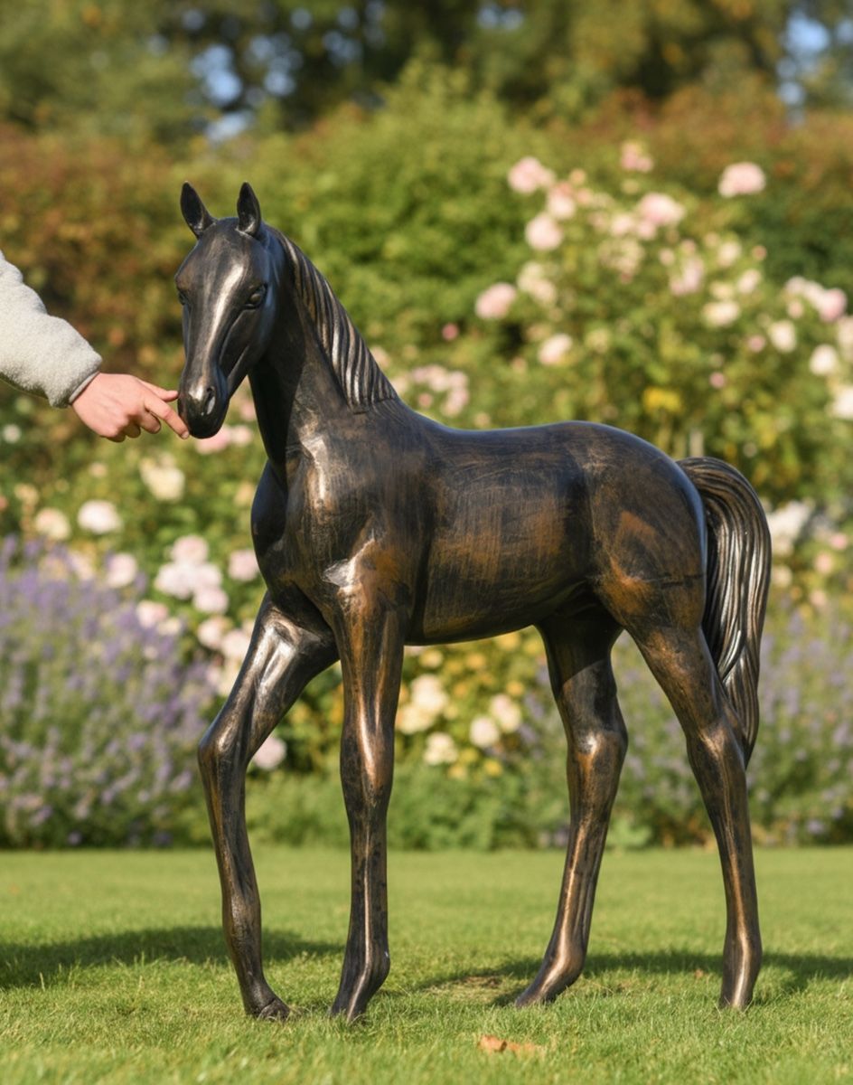 Digital illustration of Bronze Standing Foal Garden Sculpture with hand in shot for scale