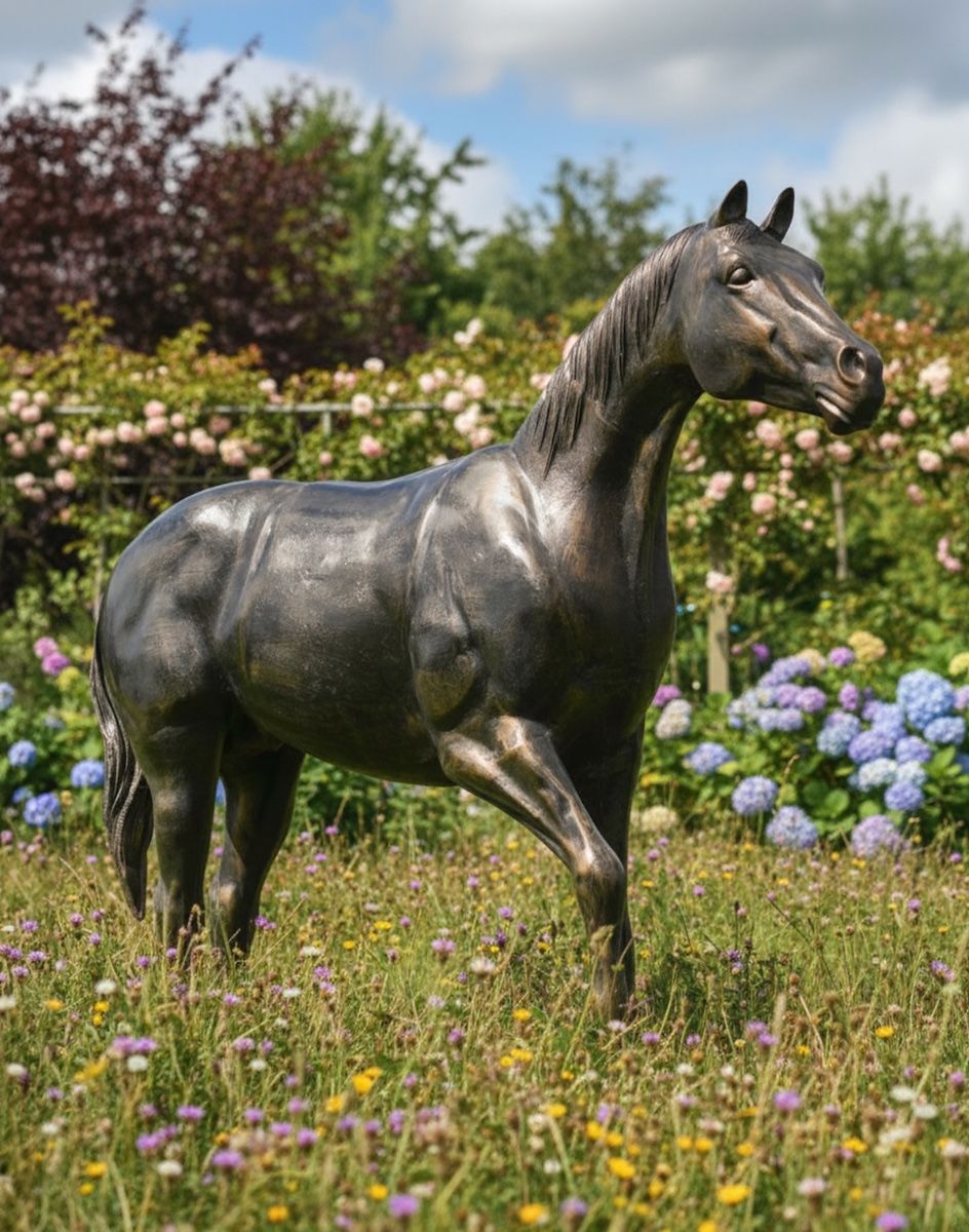 Digital illustration of Bronze Standing Horse Sculpture in wildflower garden