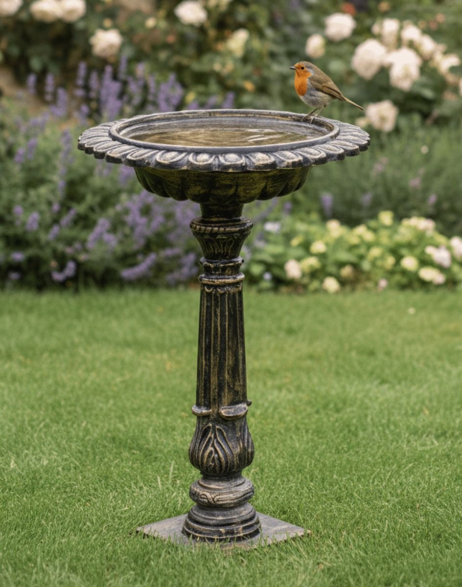 Digital Illustration of Brushed Gold "Floridus" Bird Bath on a Garden Lawn in Front of Flower Borders with Robin on Bird Bath