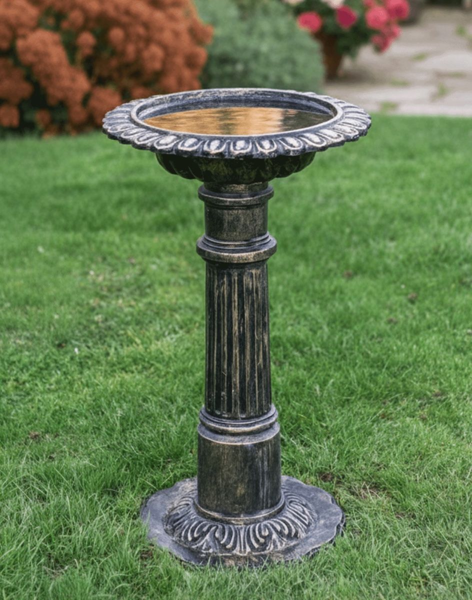 Digital Illustration of Brushed Gold "Fons" Bird Bath on aLush Green Garden Lawn