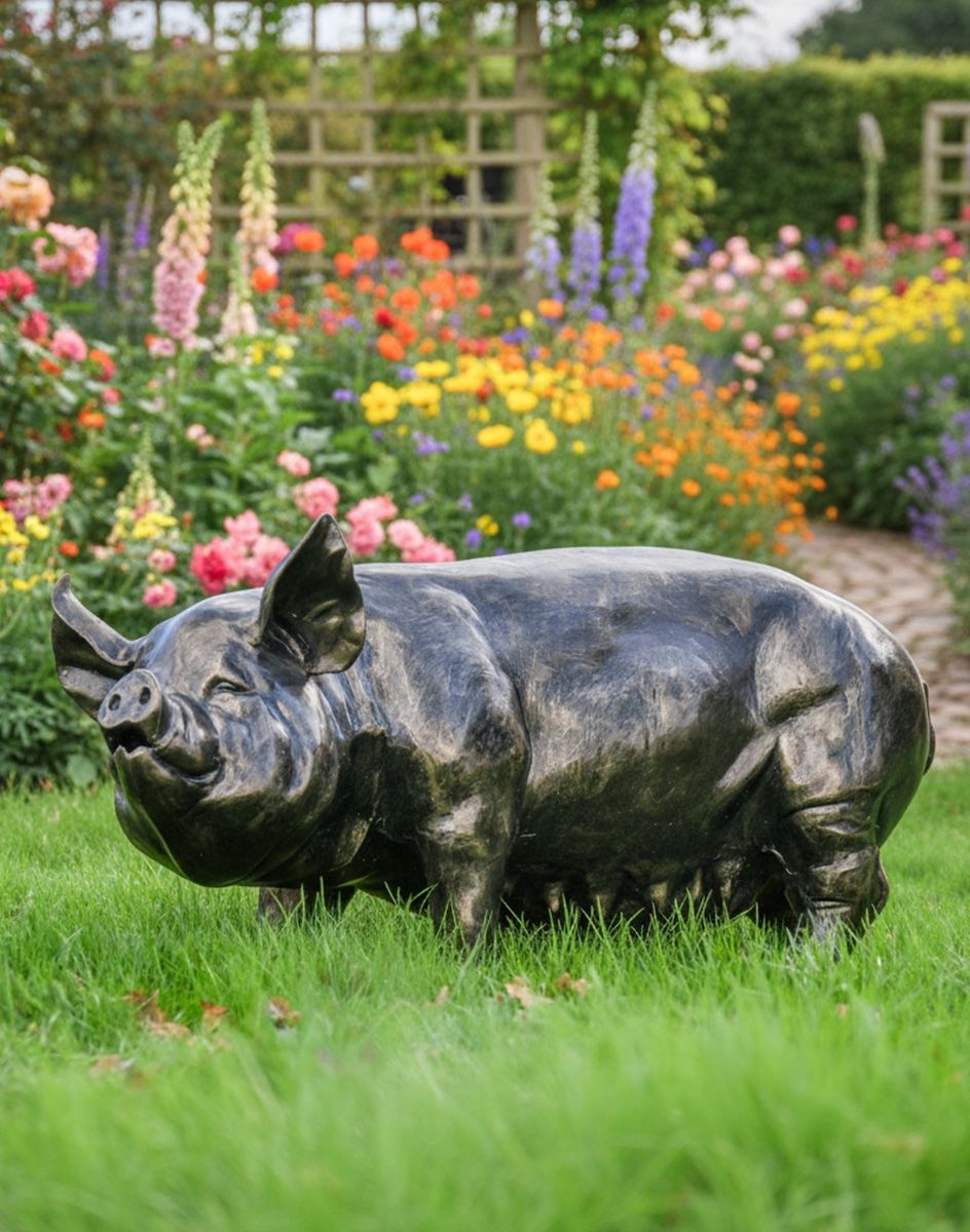 Digital illustration of a Brushed Gold Pig Garden Sculpture. This is the large version positioned in a rustic garden