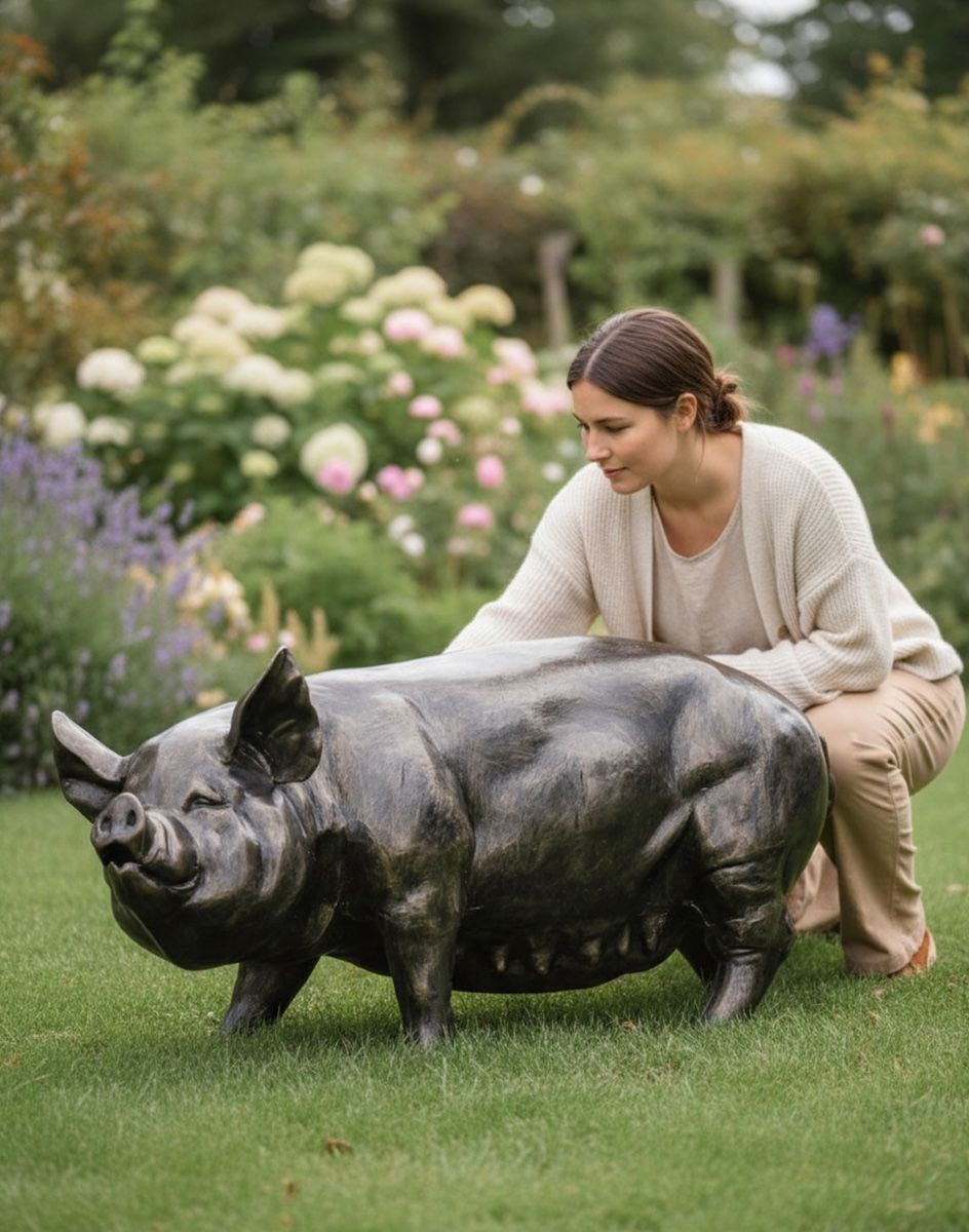 Digital illustration ofthe large Brushed Gold Pig Garden Sculpture witha lady in shot for scale