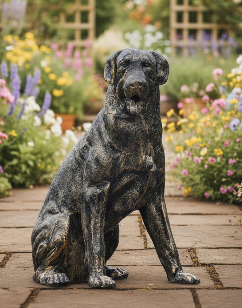 Digital Illustration of Brushed Gold Sitting Rottweiler Dog Sculpture in a Sunny Garden