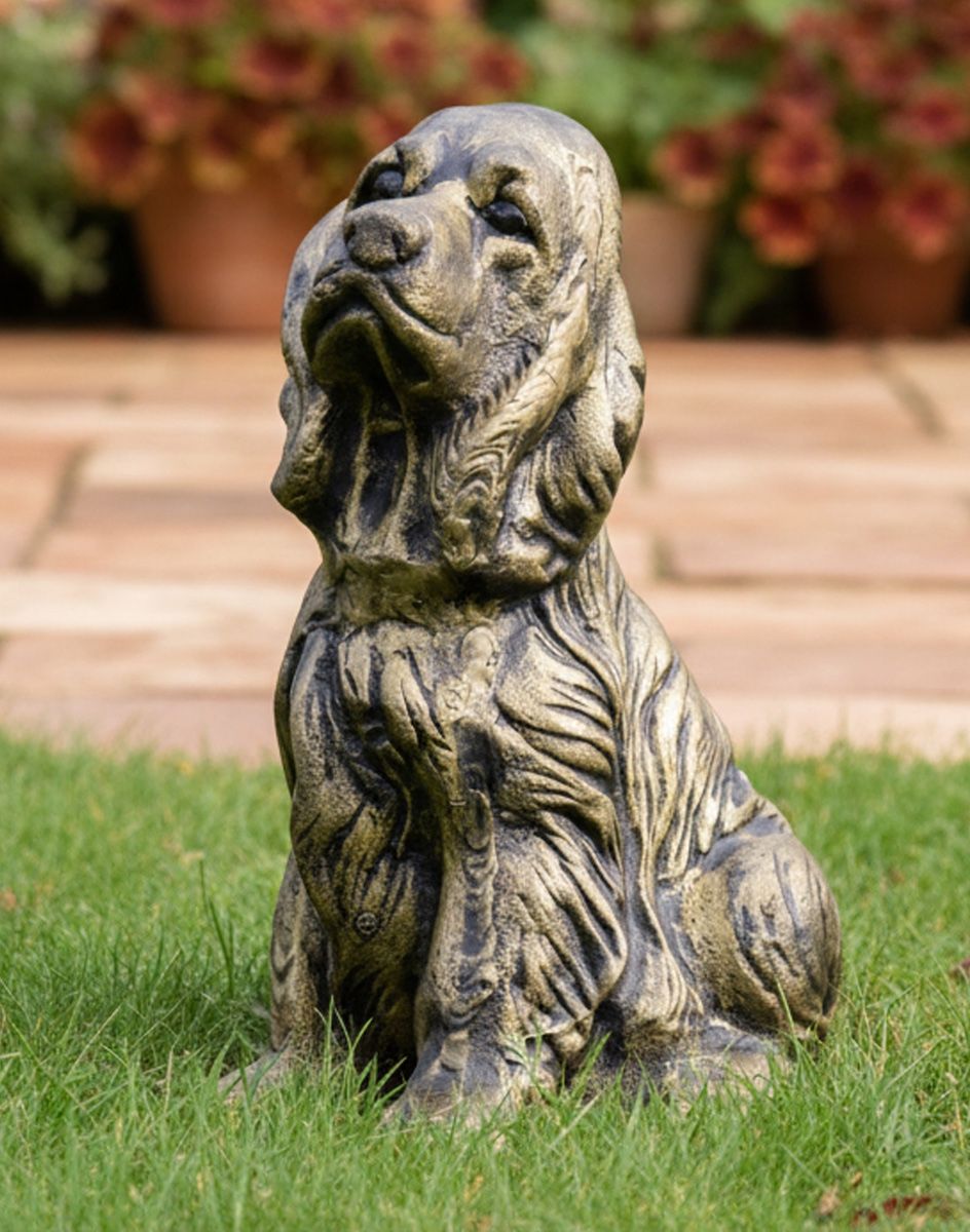 Digital Illustration of Brushed Gold Spaniel Dog Sculpture in Front of a Garden Patio