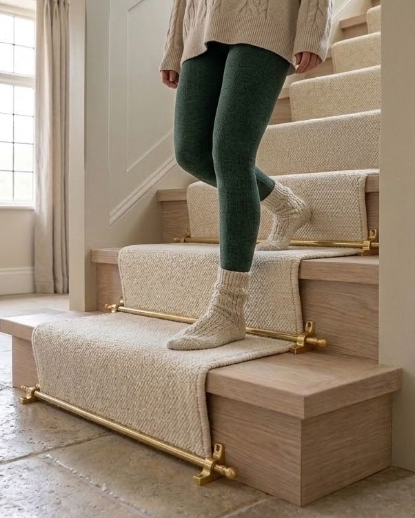 Digital illustration of Cambridge Polished Brass Stair Rods – 12mm - 93.5cm with a person walking on carpeted stairs