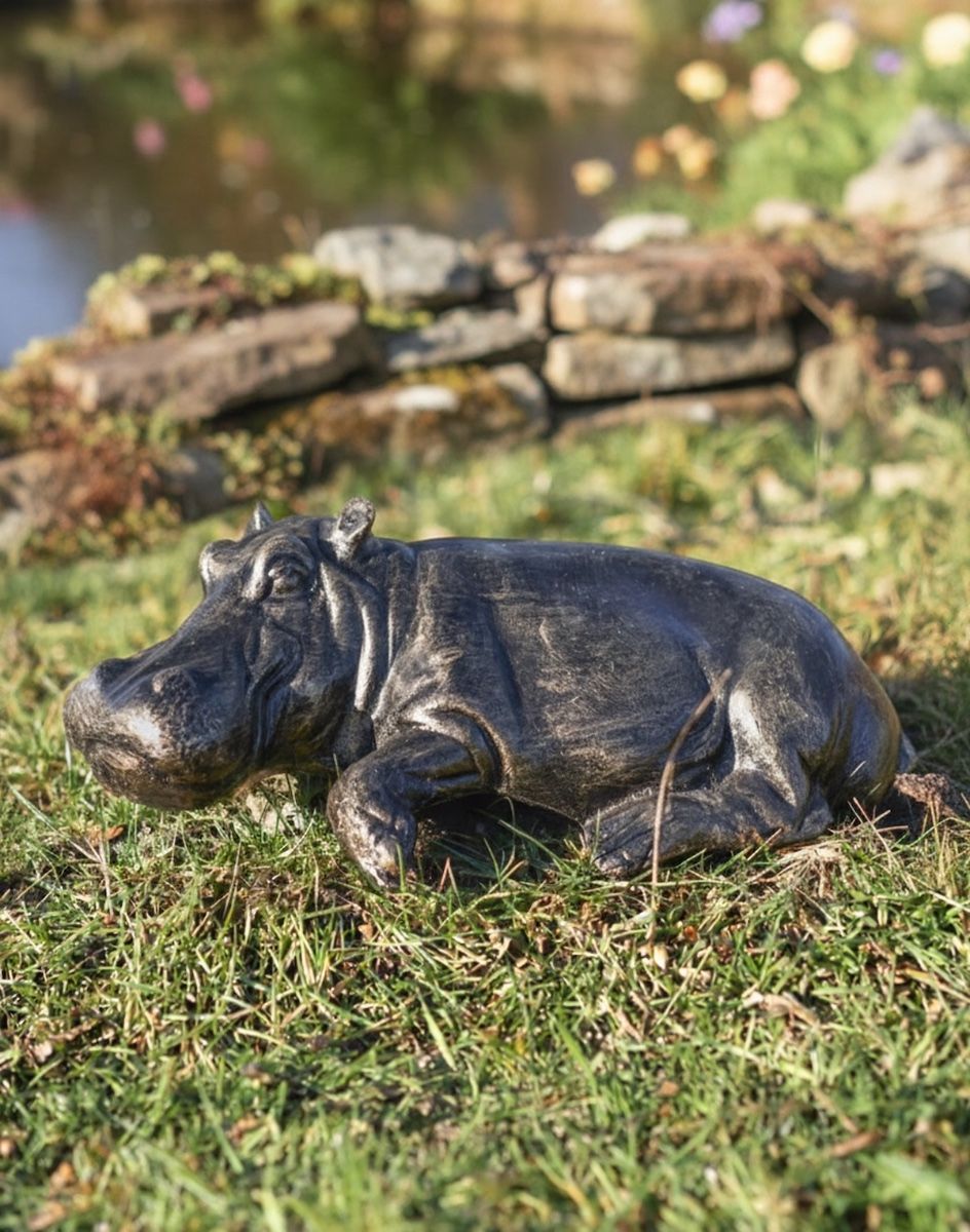 Digital Illustration of Cast Aluminium "Harriet" Hippo Garden Sculpture in Front of a Pond