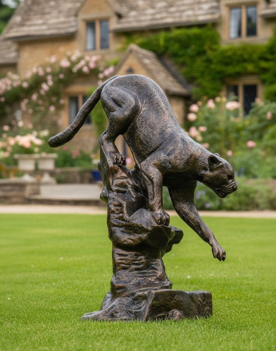 Digital Illustration of Cast Aluminium Cougar Sculpture in Front of a Countryside Cottage