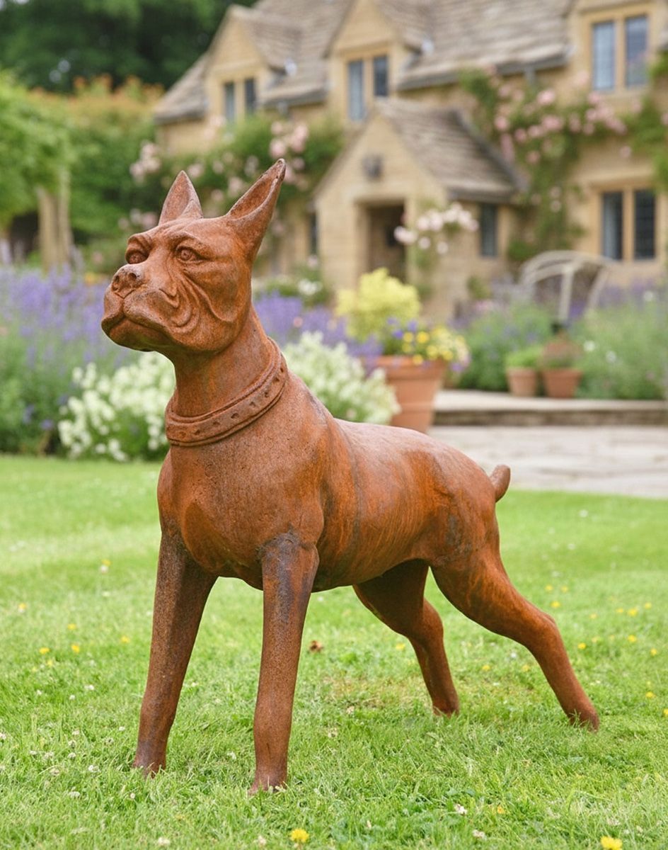 Digital Illustration of Cast Iron Boxer Dog Sculpture in Front of Cottage Garden