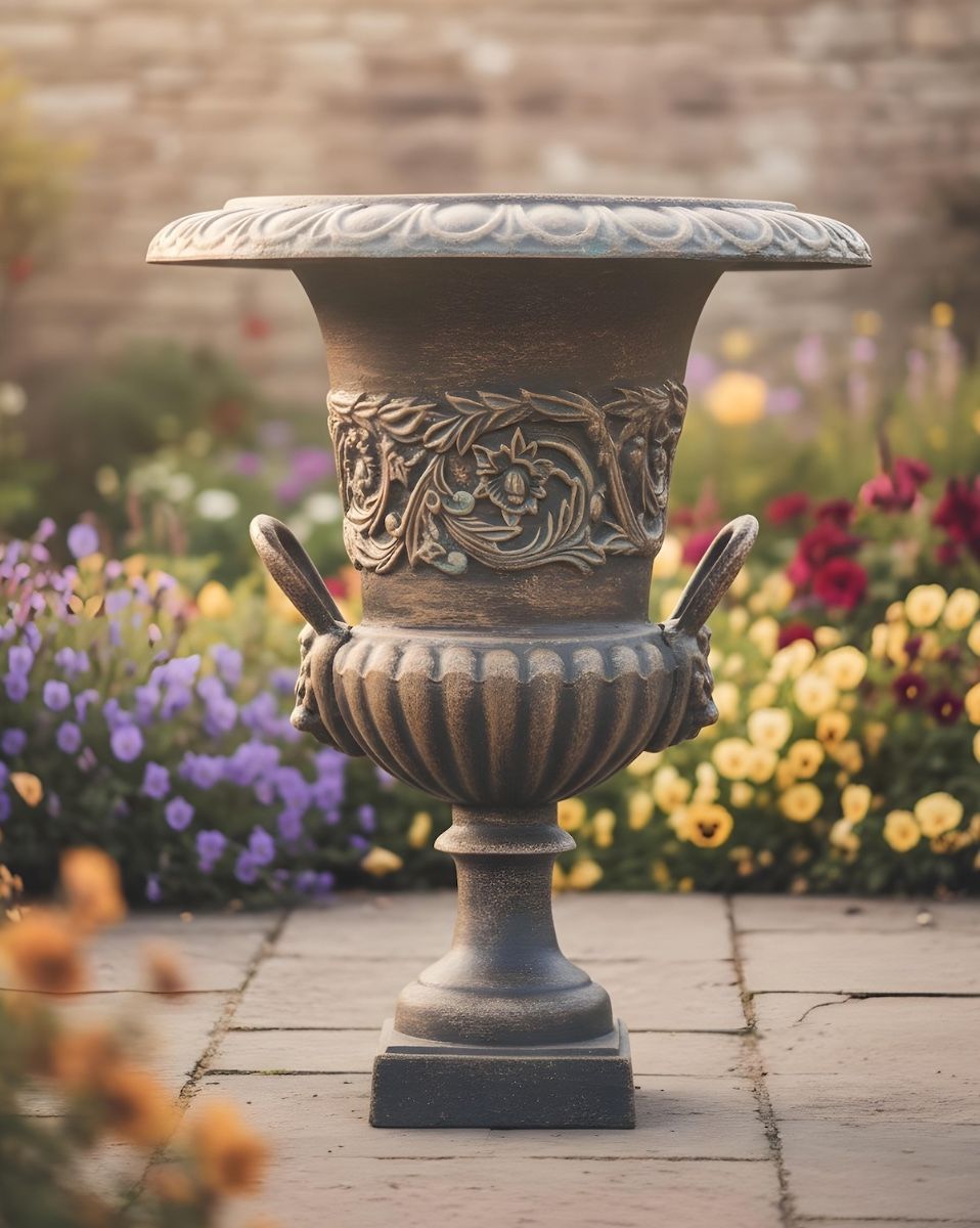 Digital illustration of Cast Iron Bronze Urn in front of glowery patio garden