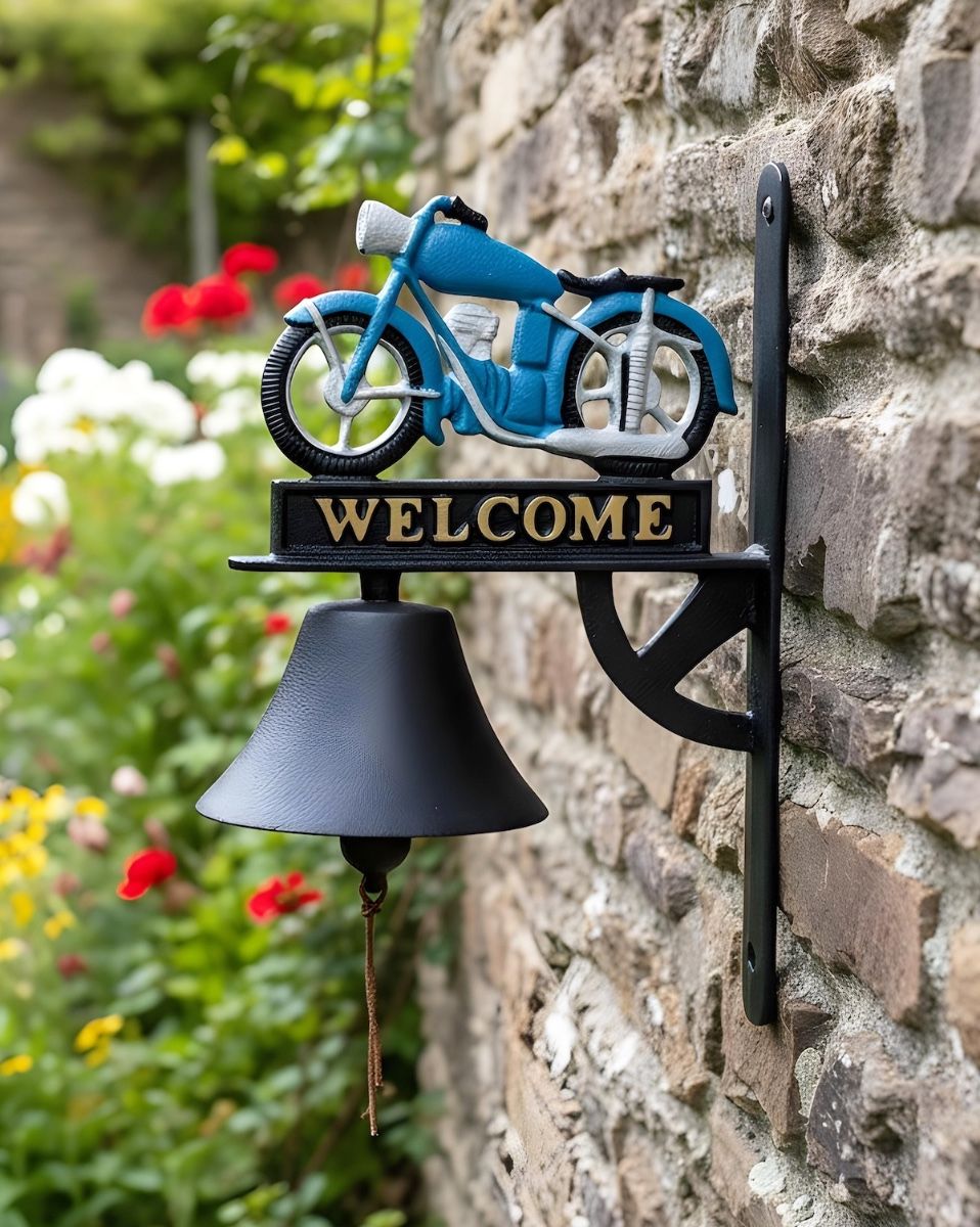 Digital illustration of Cast Iron Hand Painted Blue Motorbike Garden Bell angled view in a traditional garden