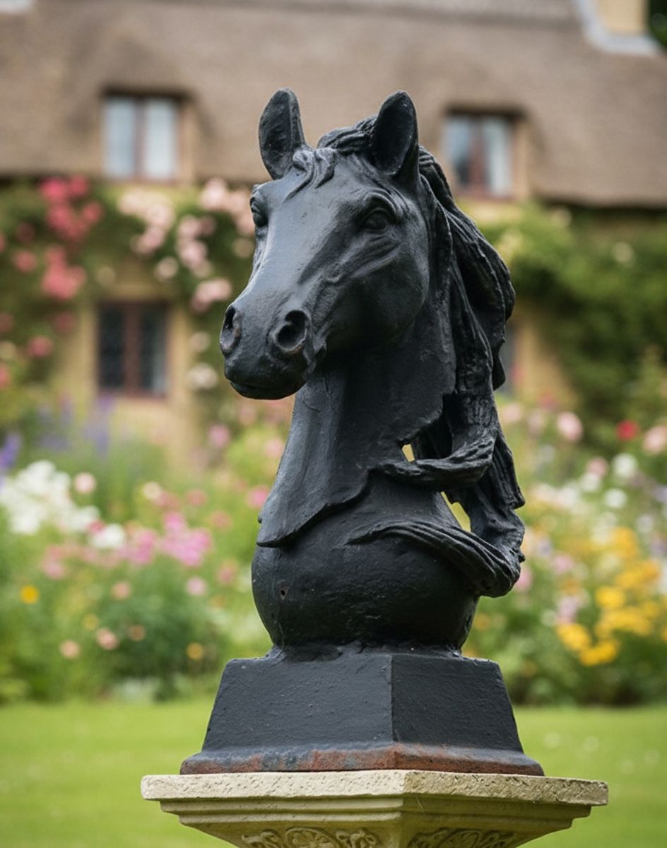 Digital illustration of Cast Iron Horse Head Bust in a country garden