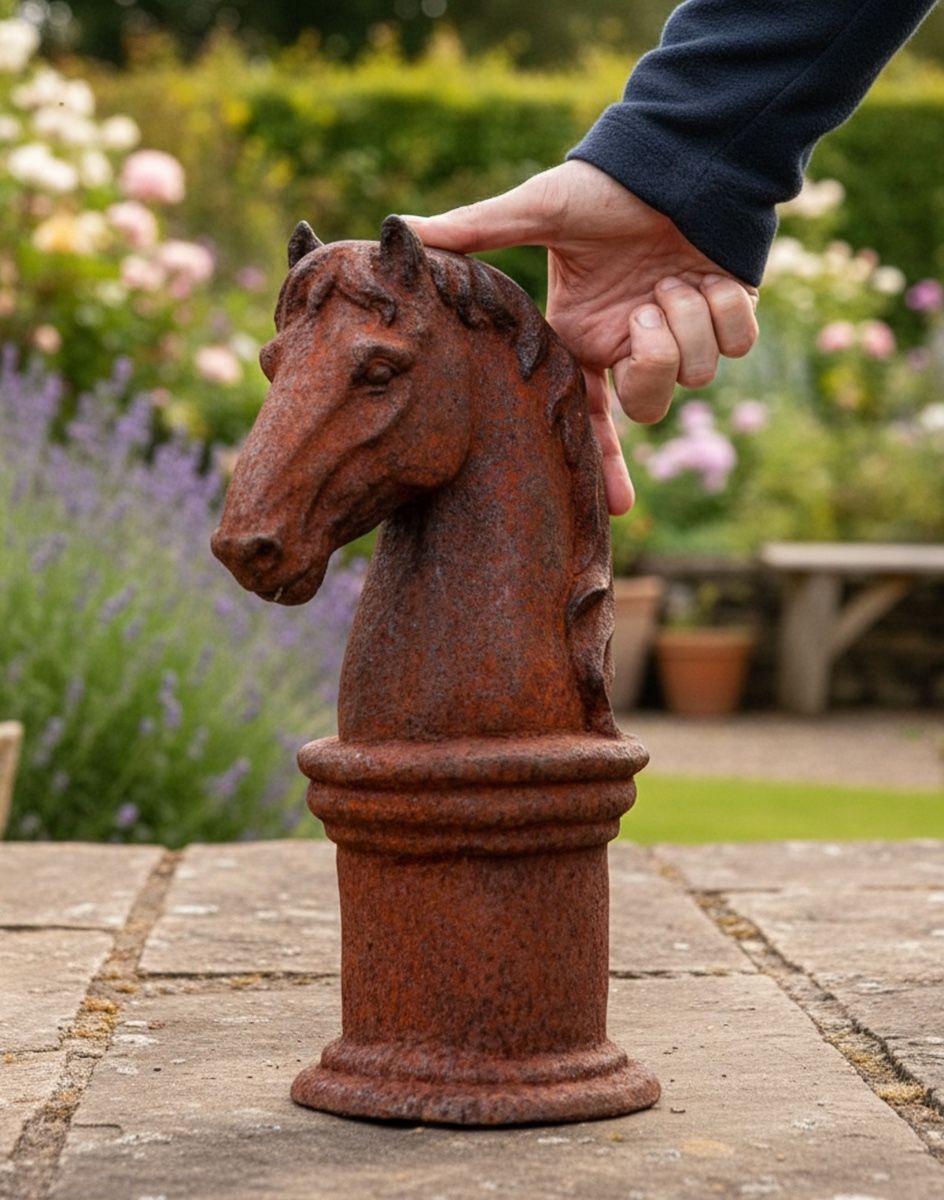 Digital illustration of Cast Iron Horse Head Bust with hand in shot for scale