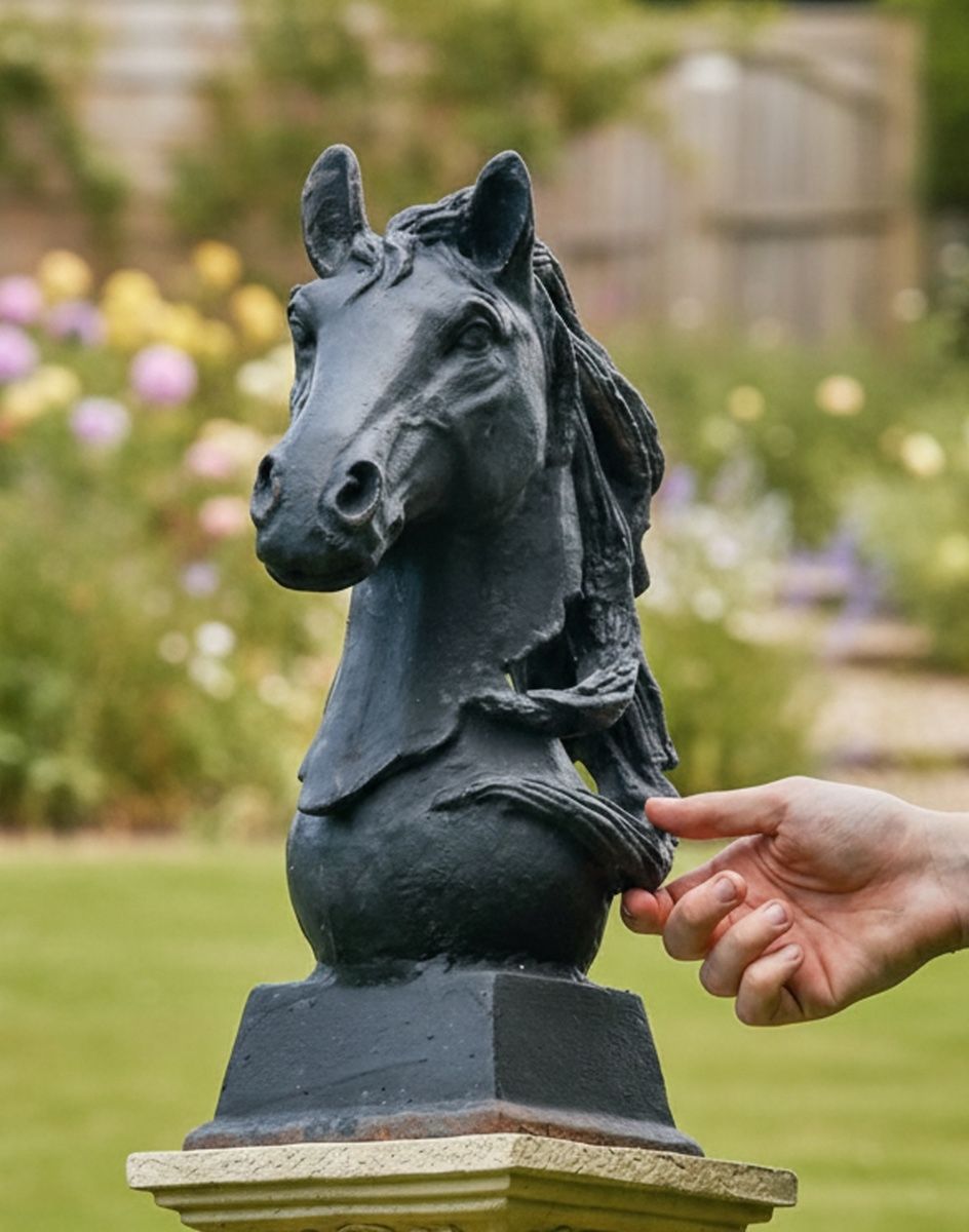 Digital illustration of the Cast Iron Horse Head Bust with hand in shot for scale