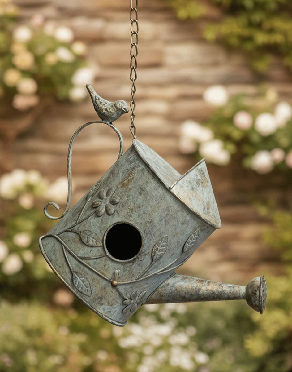 Digital Illustration of Chain Hanging Rustic "Watering Can" Bird House Suspended in Front of a Rustic Cottage Garden