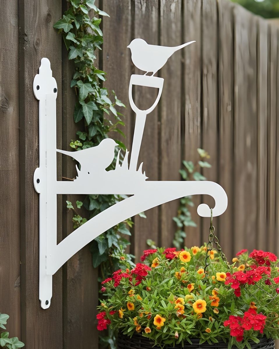 Digital Illustration of the Cream Robin Iron Hanging Basket Bracket Mounted on a Fence