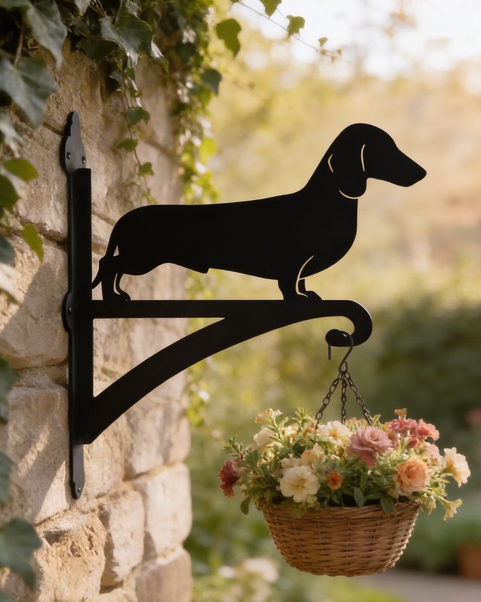 Digital illustration of the Dachshund Hanging Basket Bracket Mounted on a Brick Wall