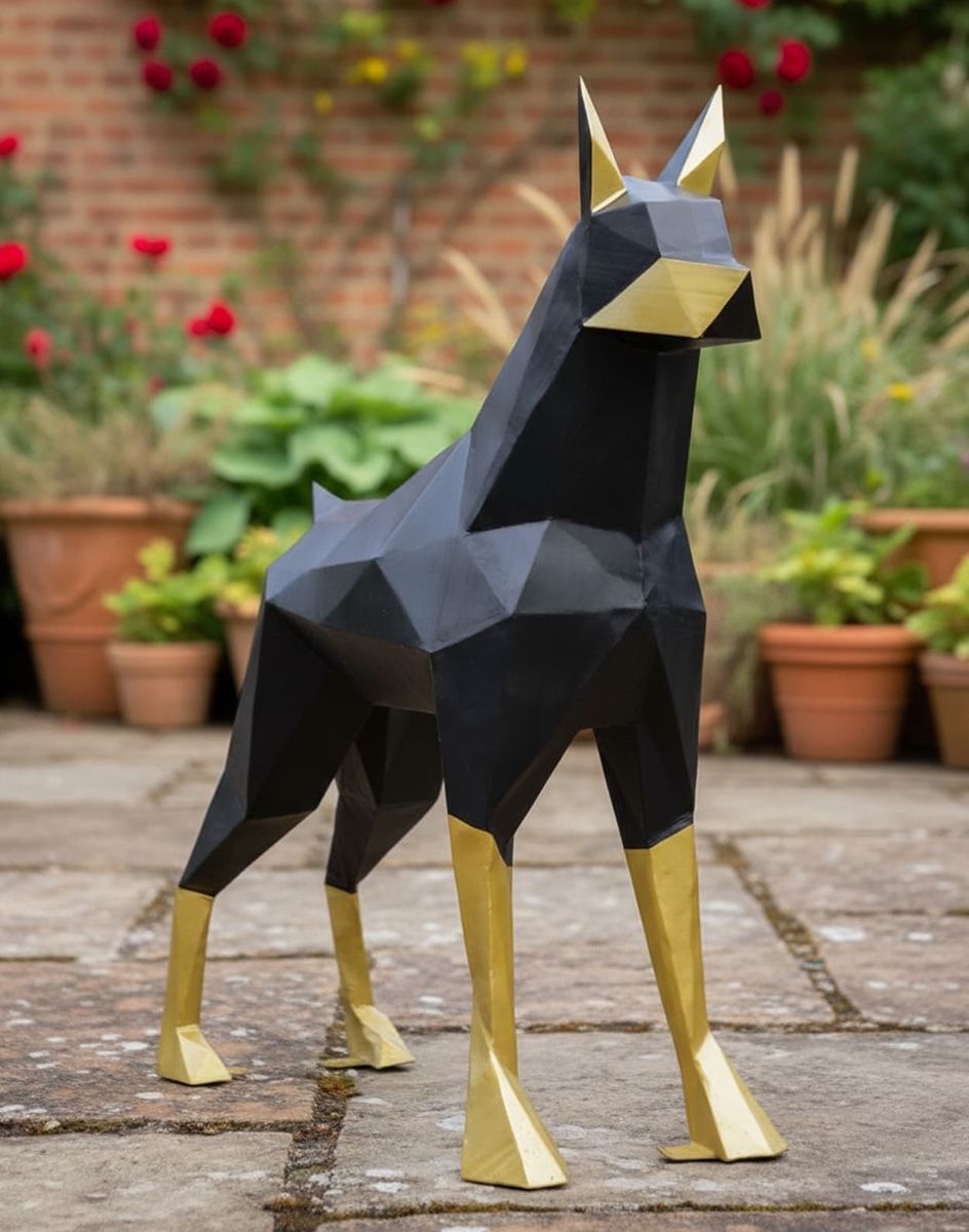 Digital Illustration of ‘Dante’ the Standing Doberman Upcycled Oil Drum Garden Sculpture in Front of Plant Pots