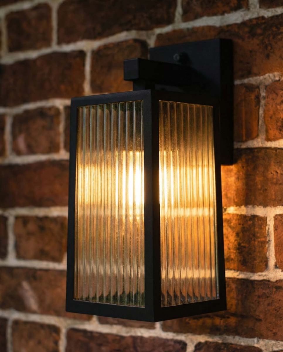 Digital illustration of Davenport Ribbed Glass Wall Light lit up at night