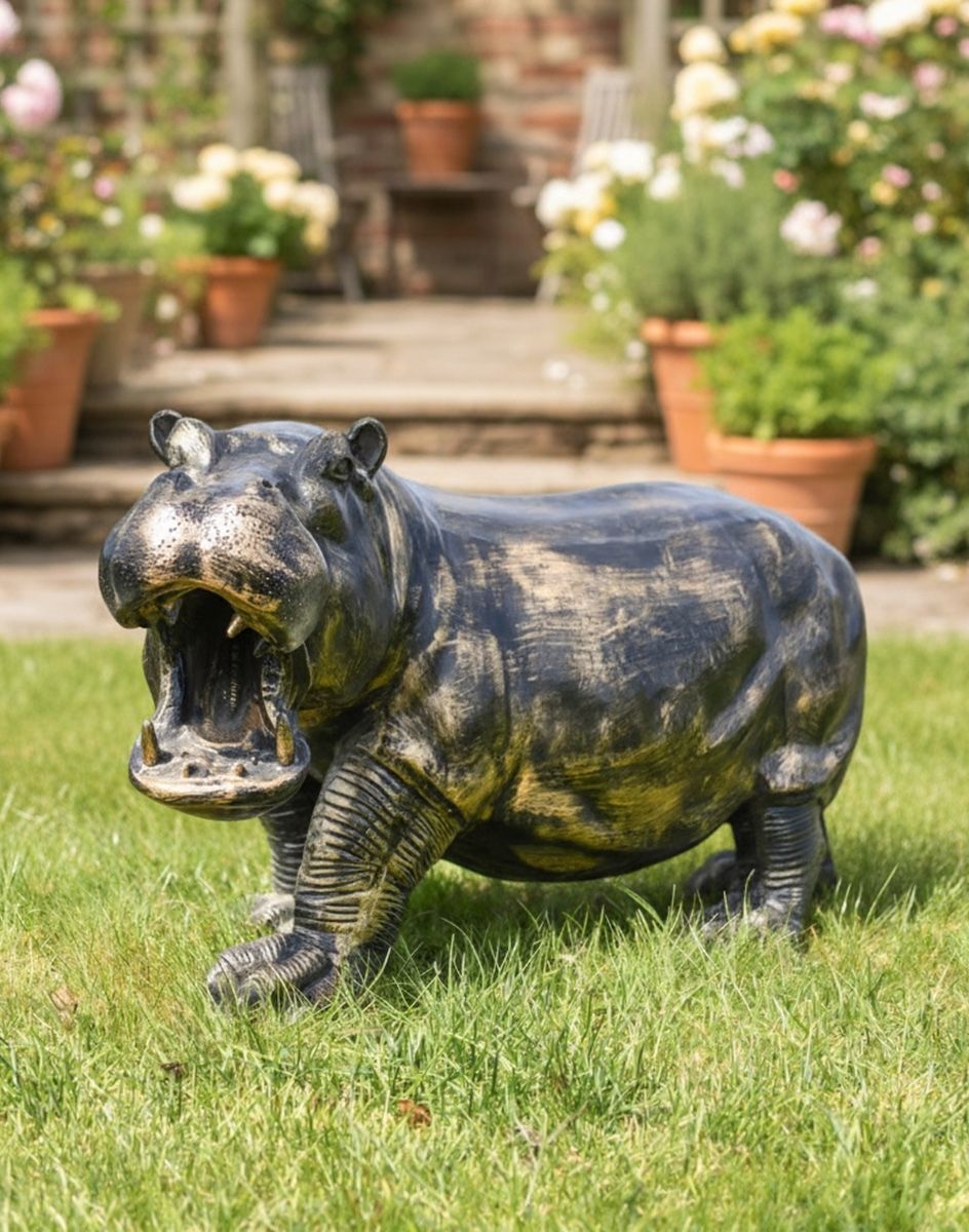 Digital Illustration of Deluxe Cast Aluminium Freestanding Wild Hippo Garden Sculpture in Antique Gold on a Garden Lawn