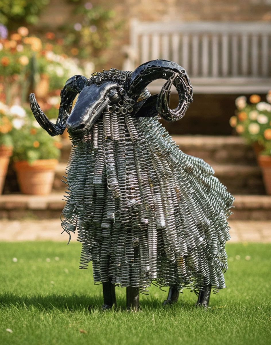 Digital Illustration of Deluxe Recycled Twisted Metal Ram Garden Sculpture in Front of a Sunny Garden Bench 