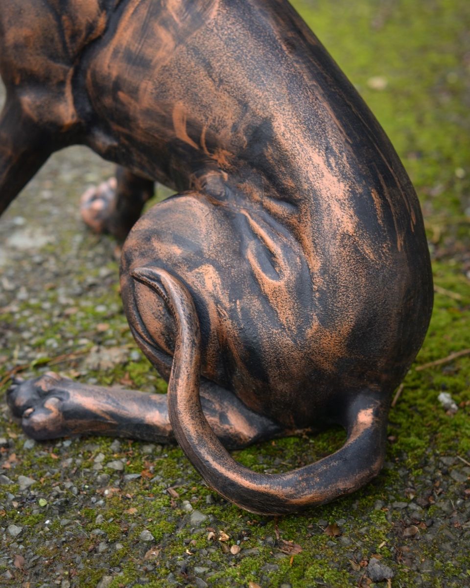 Digital Illustration of a Copper Version of "Duke" the Sitting Dog Sculpture in Cast Aluminium with a Close up of the Tail