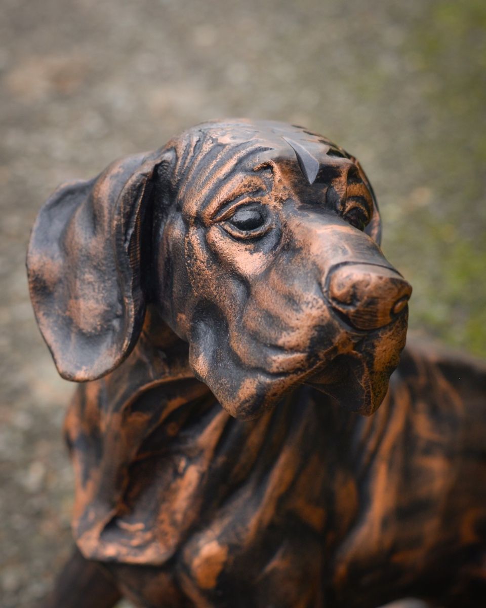Digital Illustration of a Copper Version of "Duke" the Sitting Dog Sculpture in Cast Aluminium with a Close up of the Head