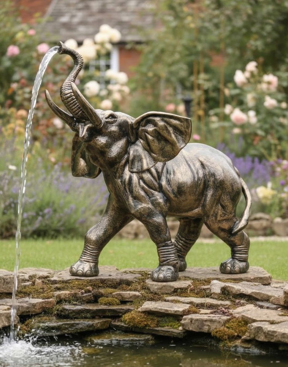 Digital Illustration of Elephant Calf Water Fountain Behind a Garden Pond
