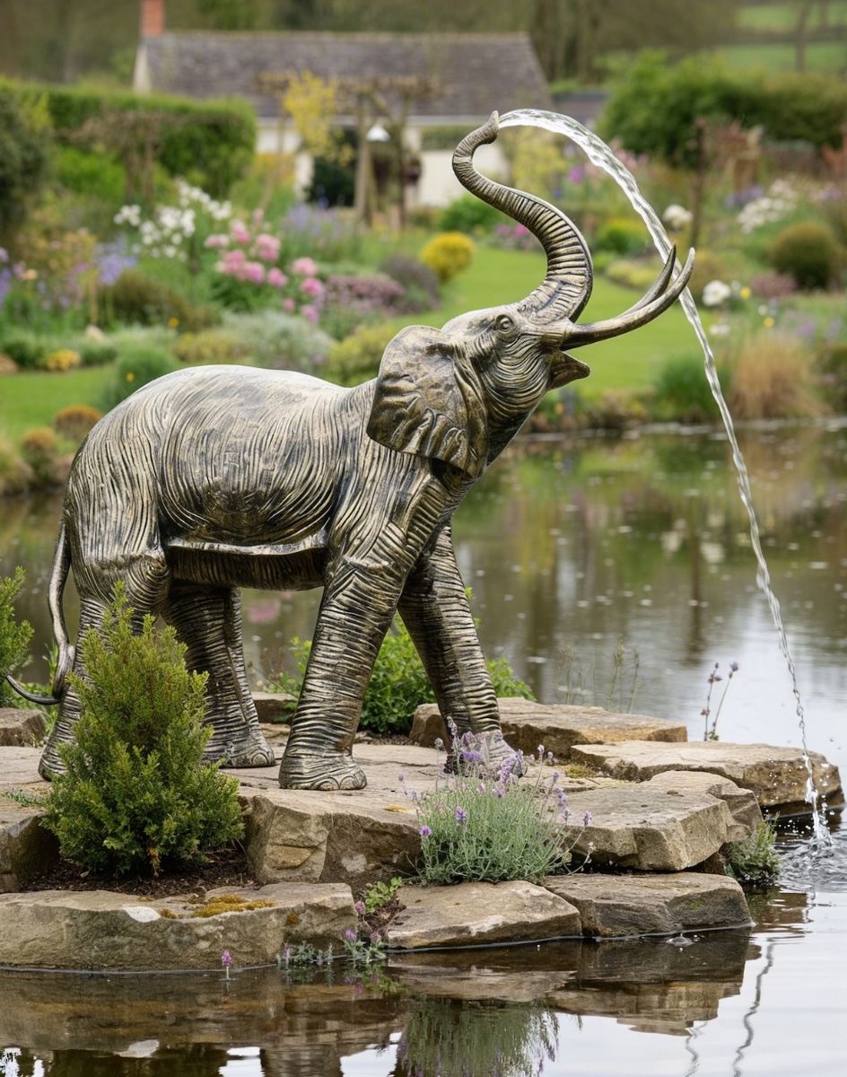 Digital Illustration of Elephant Water Fountain by the Side of a Garden pond