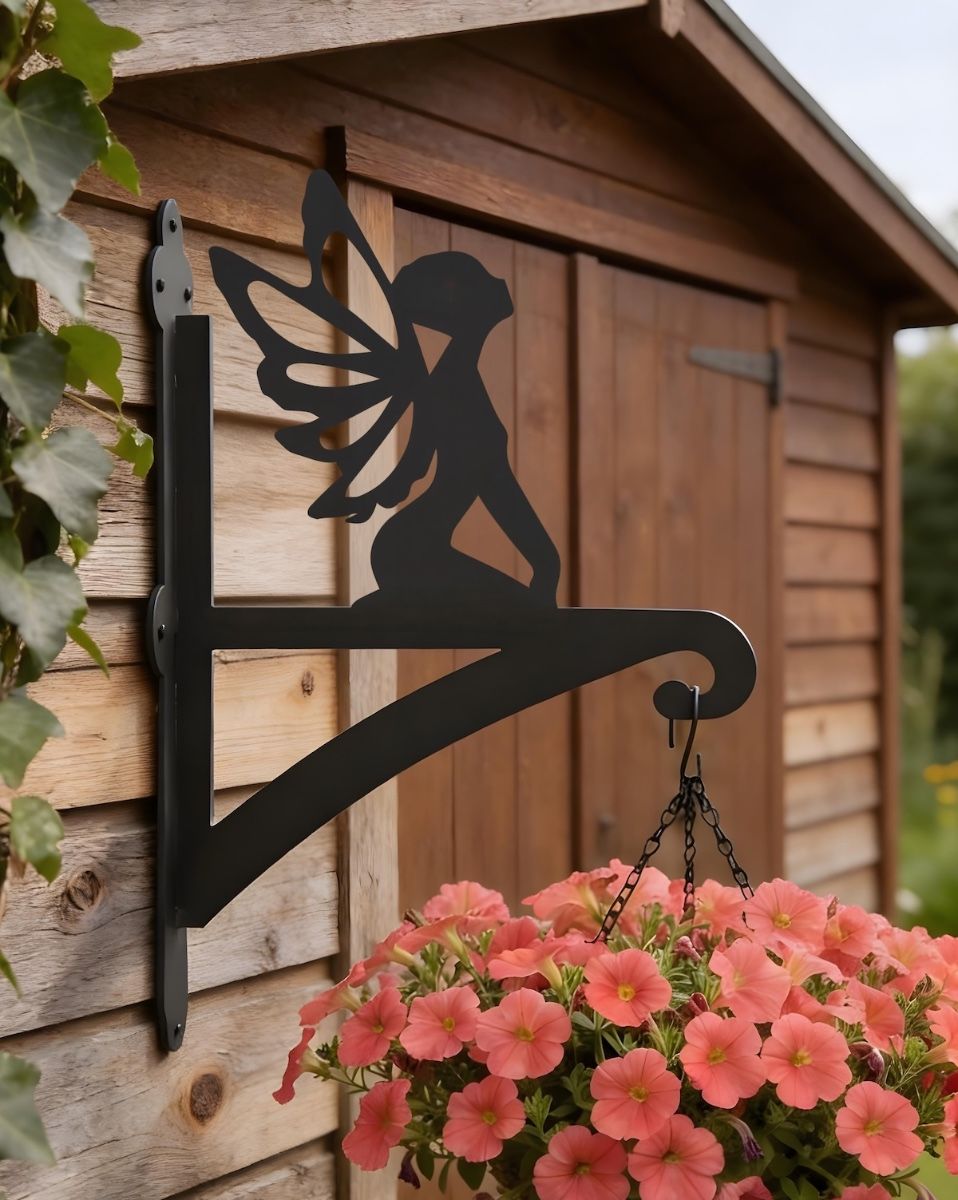 Digital illustration of Fairy Hanging Iron Basket Bracket mounted on garden shed