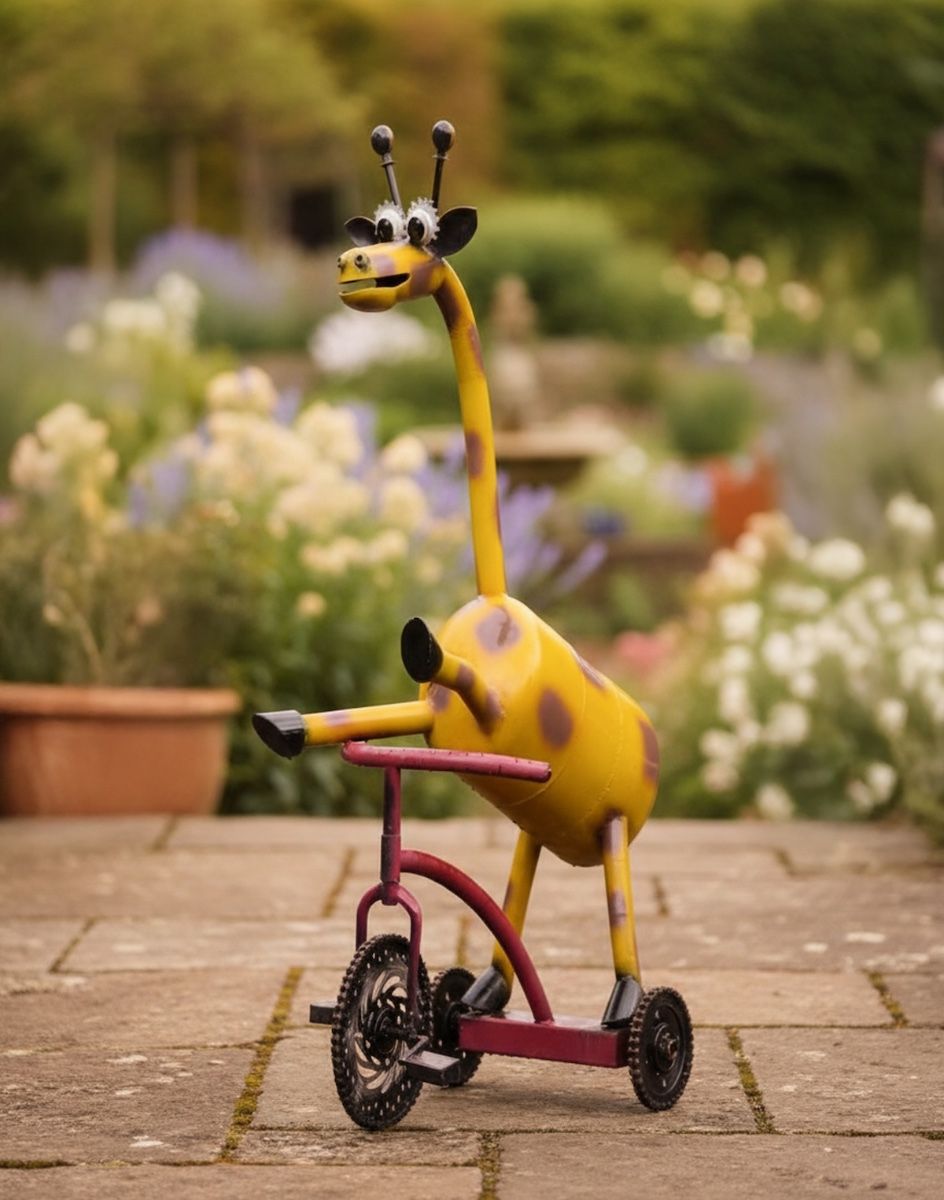 Digital Illustration of ‘Freewheeler” the Upcycled Metal Giraffe Garden Sculpture on a Tricycle on a Garden Patio