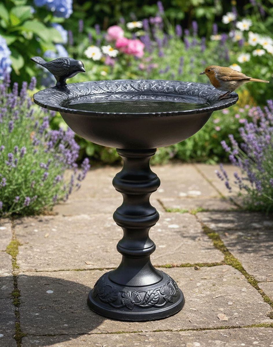 Digital Illustration of “Fulton Baird” Bird Bath & Bird Feeder on a Garden Patio with Robin at the Bird Bath