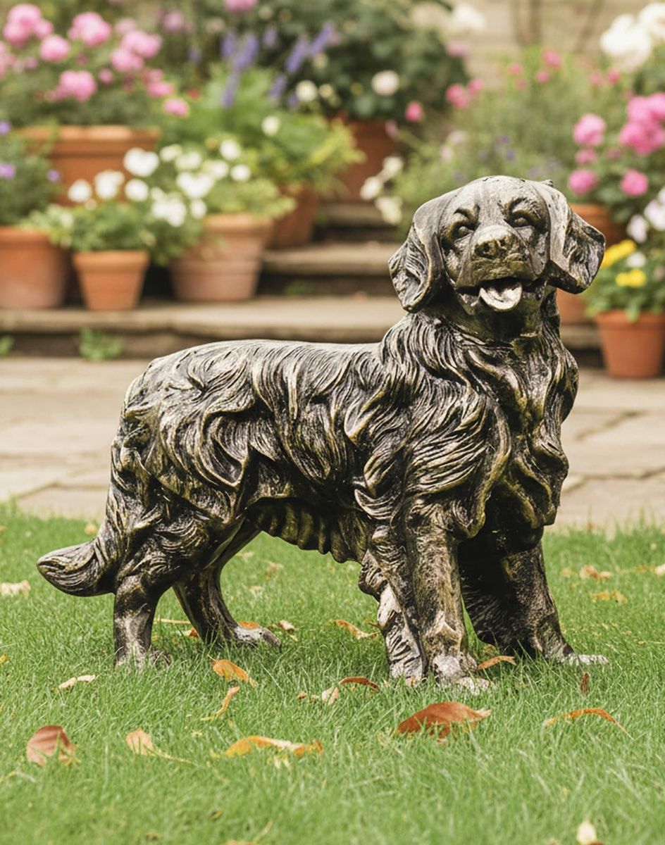 Digital Illustration of Golden Retriever Antique Gold Sculpture in Front of a Garden Patio