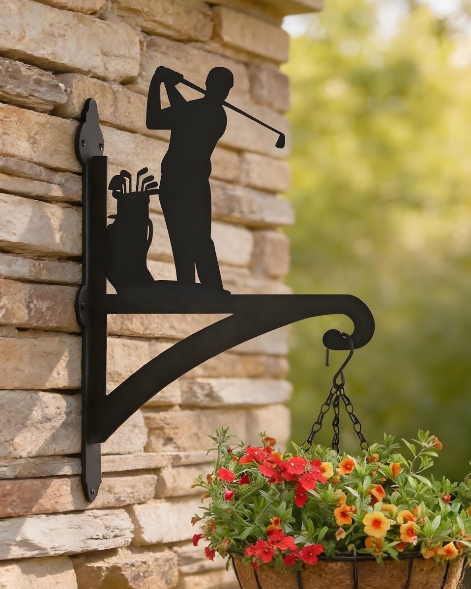 Digital illustration of Golfer Hanging Iron Basket Bracket mounted on a stone wall