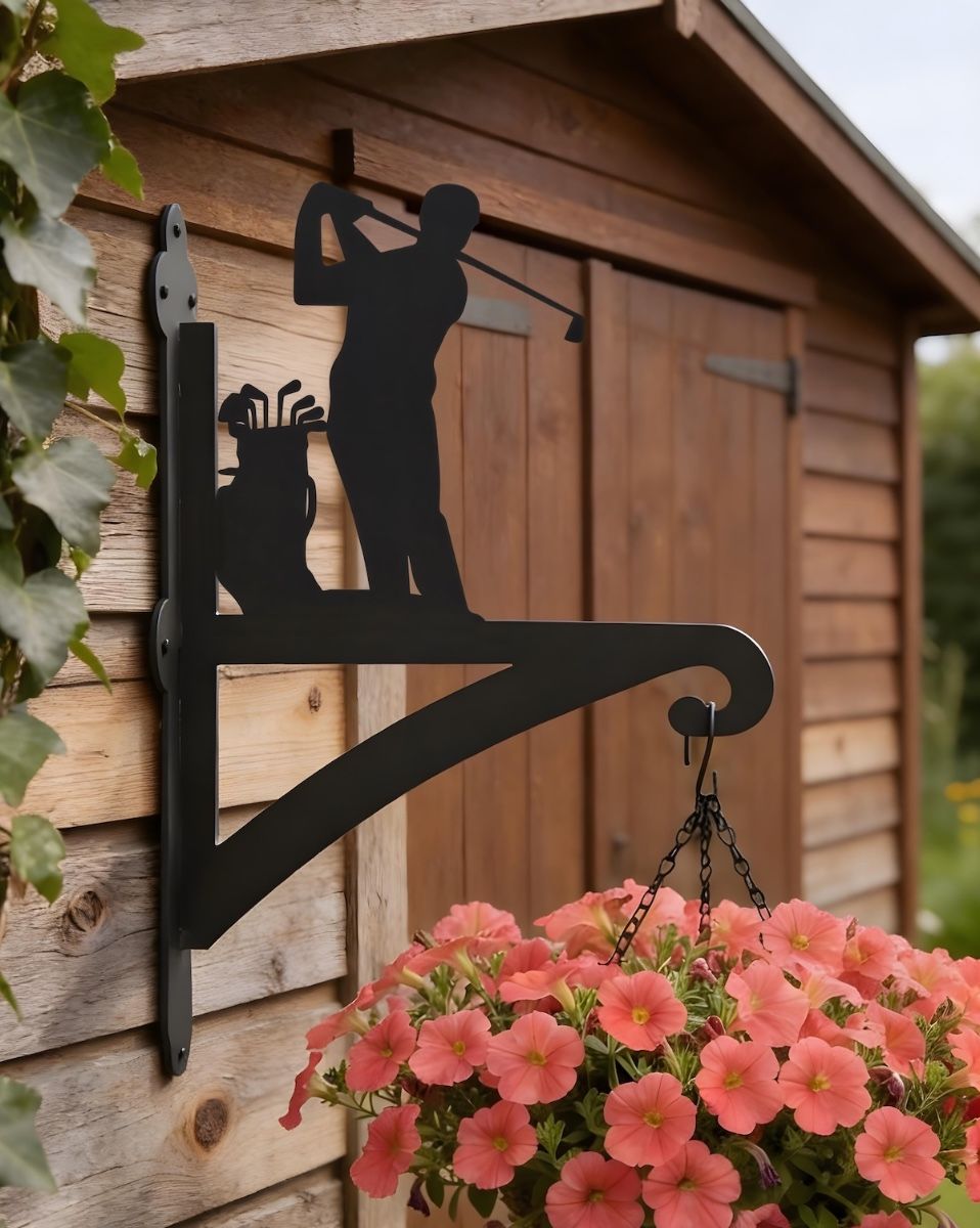 Digital illustration of Golfer Hanging Iron Basket Bracket mounted on a wooden shed