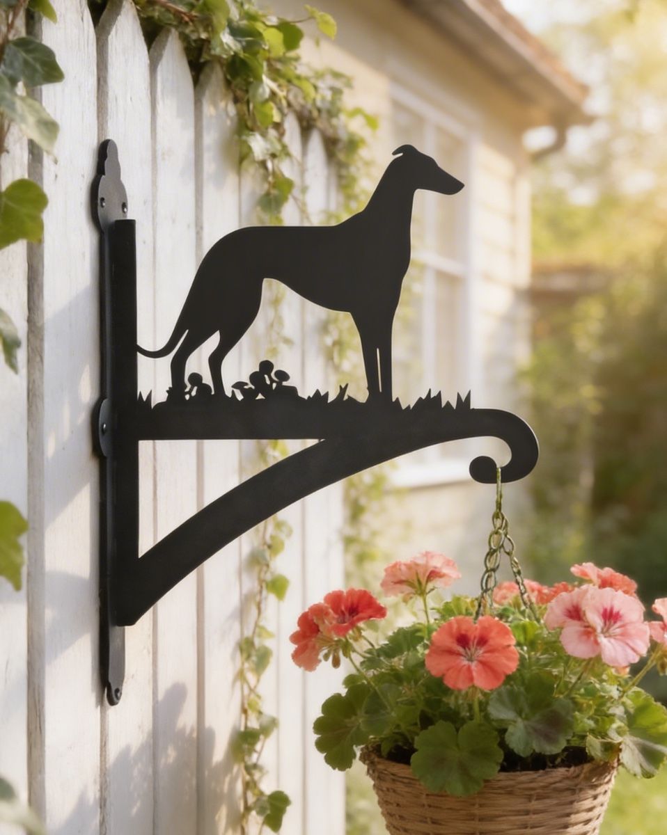 Digital illustration of Greyhound Dog Iron Hanging Basket Bracket mounted on a fence