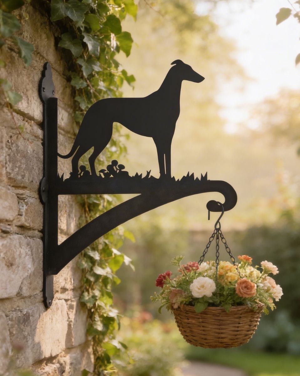 Digital illustration of Greyhound Dog Iron Hanging Basket Bracket mounted on a wall