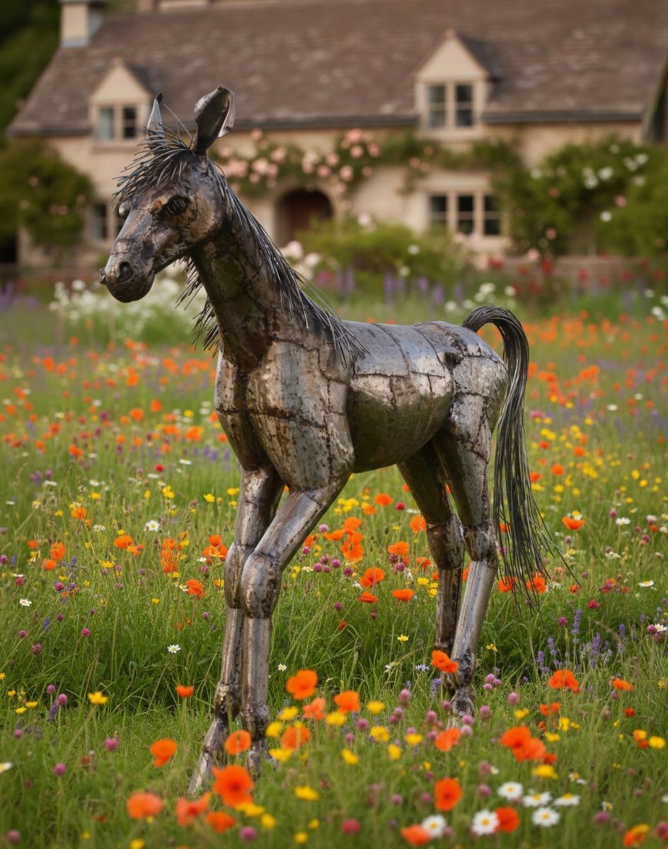 Digital illustration of Hand Made Fabricated Steel Horse Sculpture in front of garden cottage