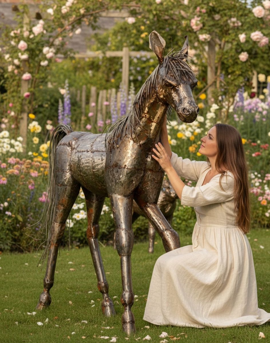 Digital illustration of Hand Made Fabricated Steel Horse Sculpture with lady in shot for scale